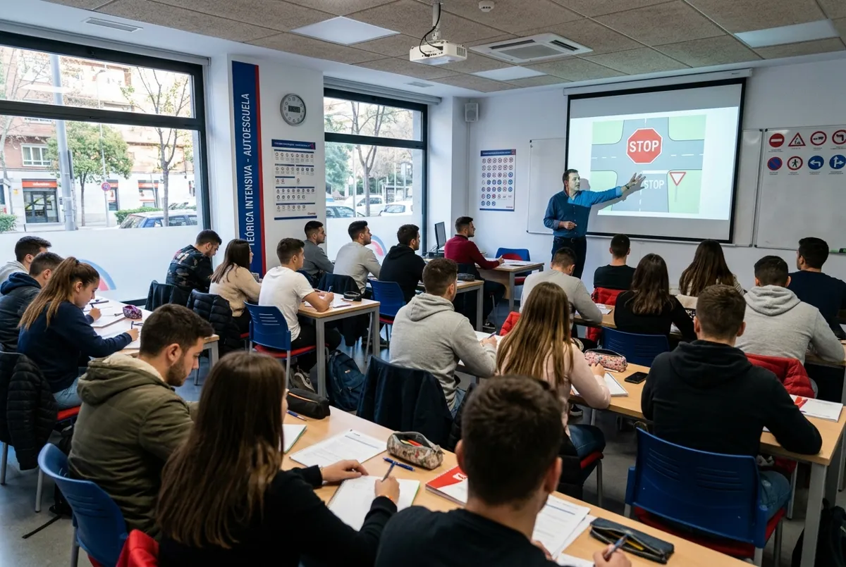 Clase intensiva de teórica en un aula de Autoescuelas Faro, con el profesor explicando una señal en pantalla